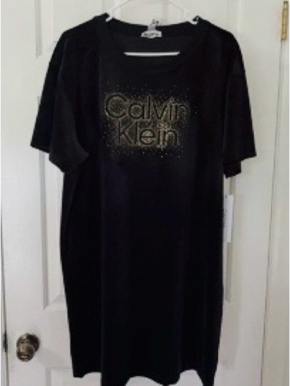 NWT Calvin Klein Black Velvet Dress with Gold Logo Sparkle Sz XL